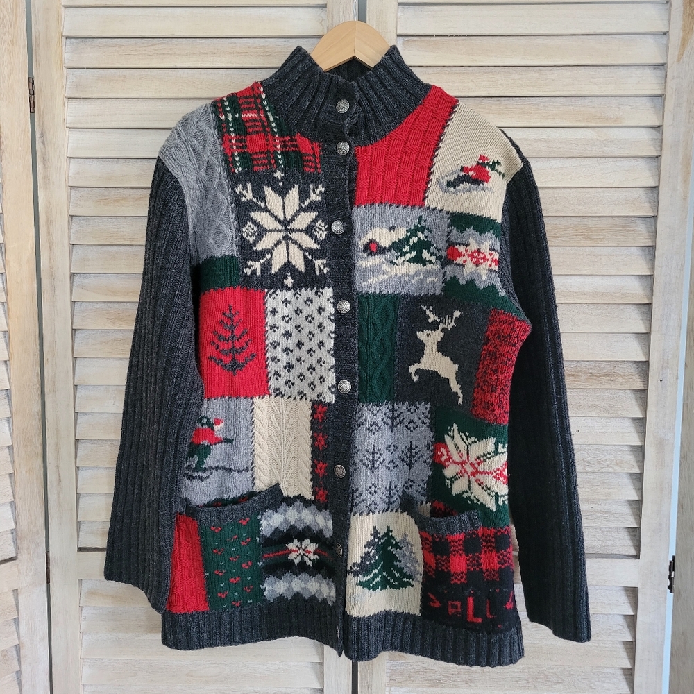 Vtg Ralph Lauren Handknit 100% Wool Holiday Sweater Cardigan Sz Lg